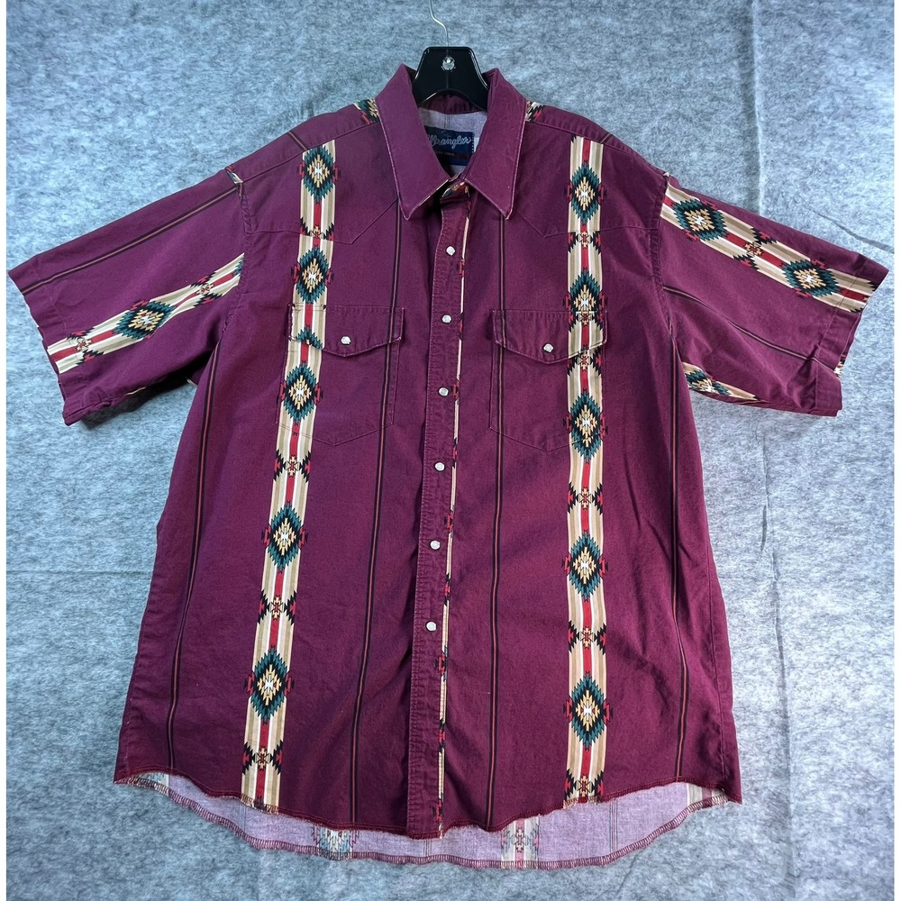 VTG WRANGLER Mens XL Shirt Maroon Soutwest Pearl Snap‎ Brushpopper